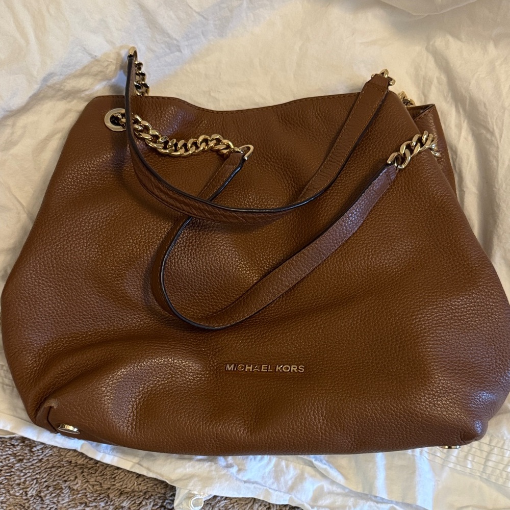 Michael Kors Brown Leather Shoulder Tote with Gold Chain Accents Jet Set